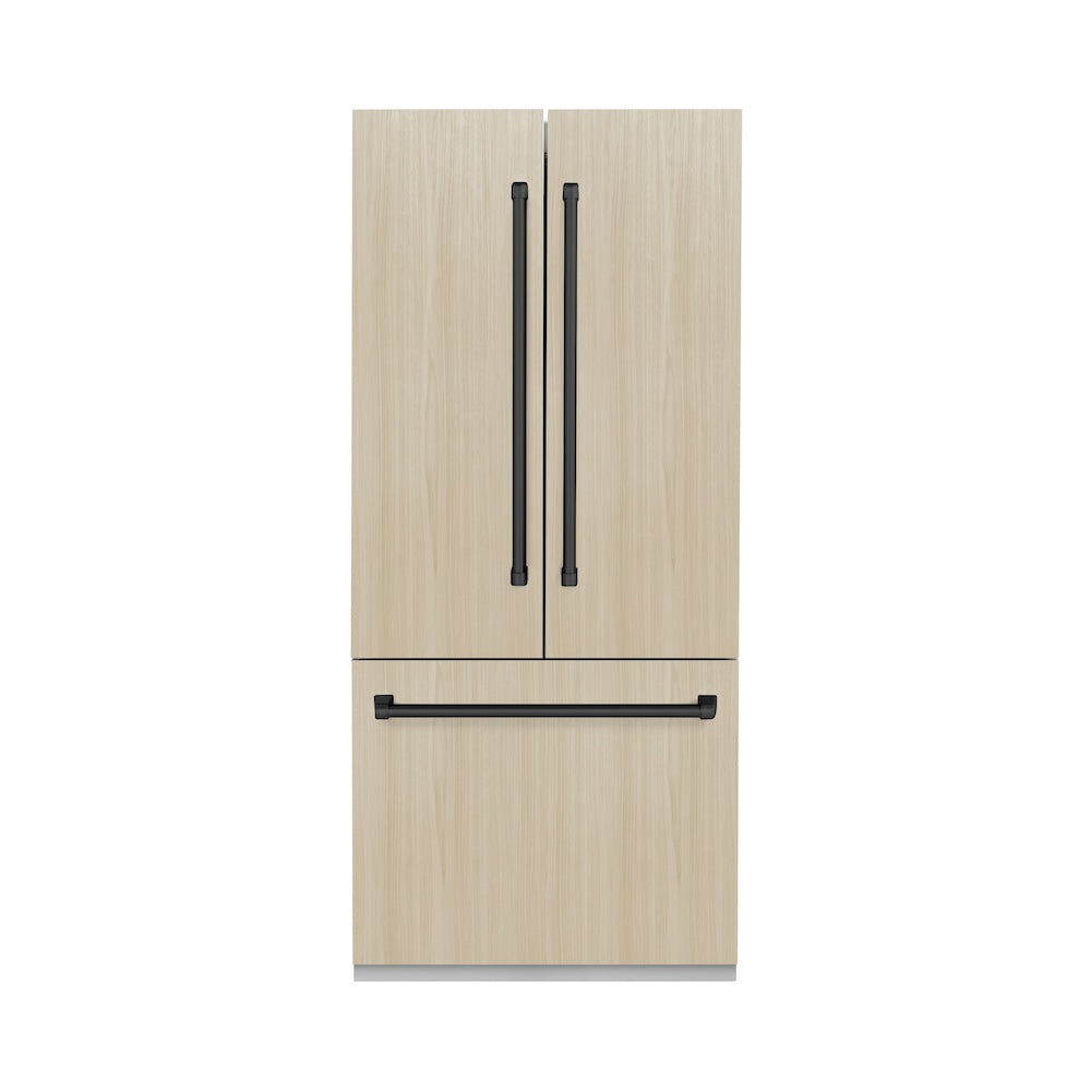 ZLINE Autograph Edition 36 in. 19.6 cu. ft. Panel Ready French Door Built-In Bottom Freezer Refrigerator with Water Dispenser and Ice Maker with Stainless Steel Interior and Matte Black Accents (SRBIVZ-36-MB) with custom panels.