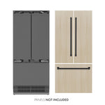 ZLINE Autograph Edition 36 in. 19.6 cu. ft. Panel Ready French Door Built-In Bottom Freezer Refrigerator with Water Dispenser and Ice Maker with Stainless Steel Interior and Matte Black Accents (SRBIVZ-36-MB) next to custom panels and Autograph Edition Matte Black handles. Text: Panels not included.