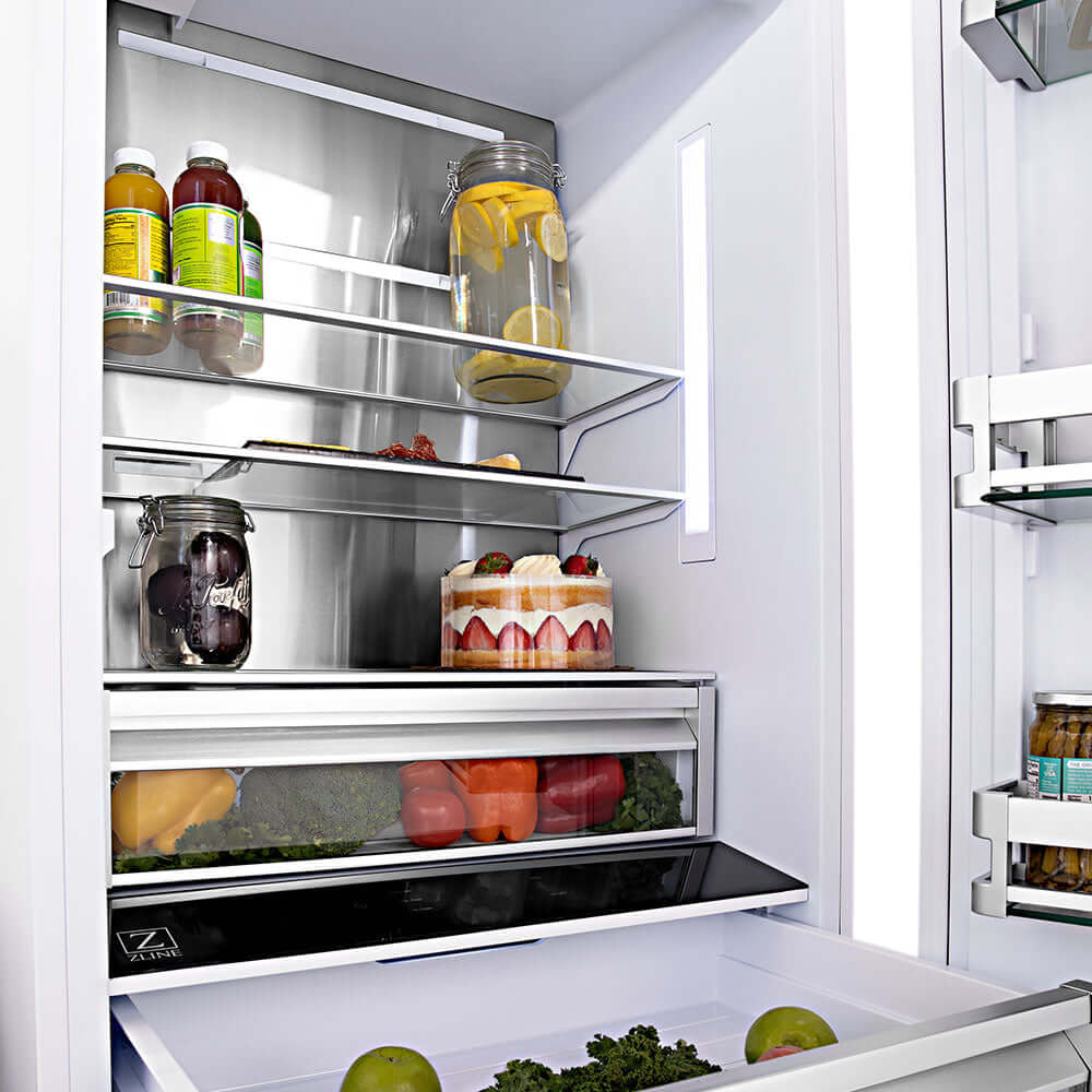 Food inside ZLINE built-in refrigerator and drawer
