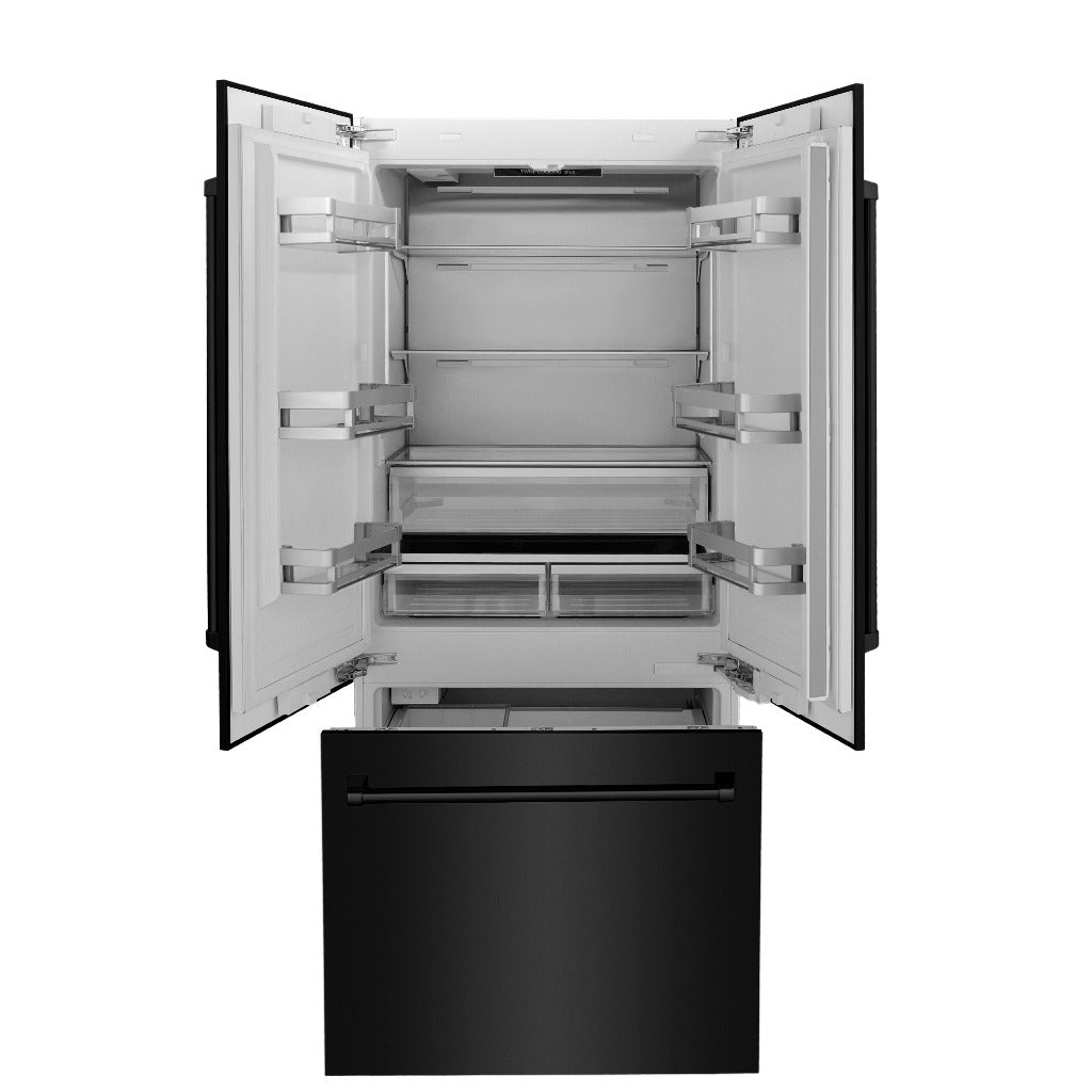 ZLINE 36 in. 19.6 cu. ft. Built-In 3-Door French Door Refrigerator with Internal Water and Ice Dispenser in Black Stainless Steel (RBIV-BS-36) front, open.