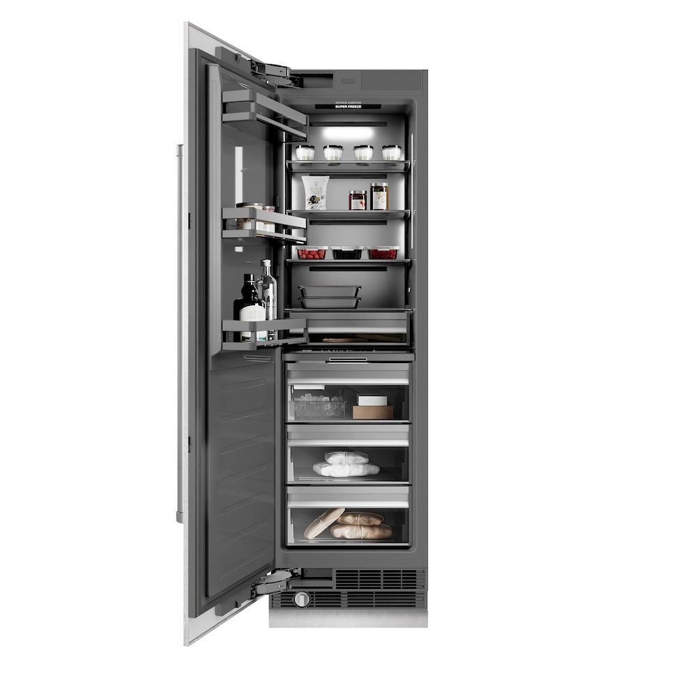 ZLINE 24 in. 12.4 cu. ft. Column Freezer in Satin Stainless Steel with Graphite Gray Interior (RCFV-SN-24) front, open, with food inside.