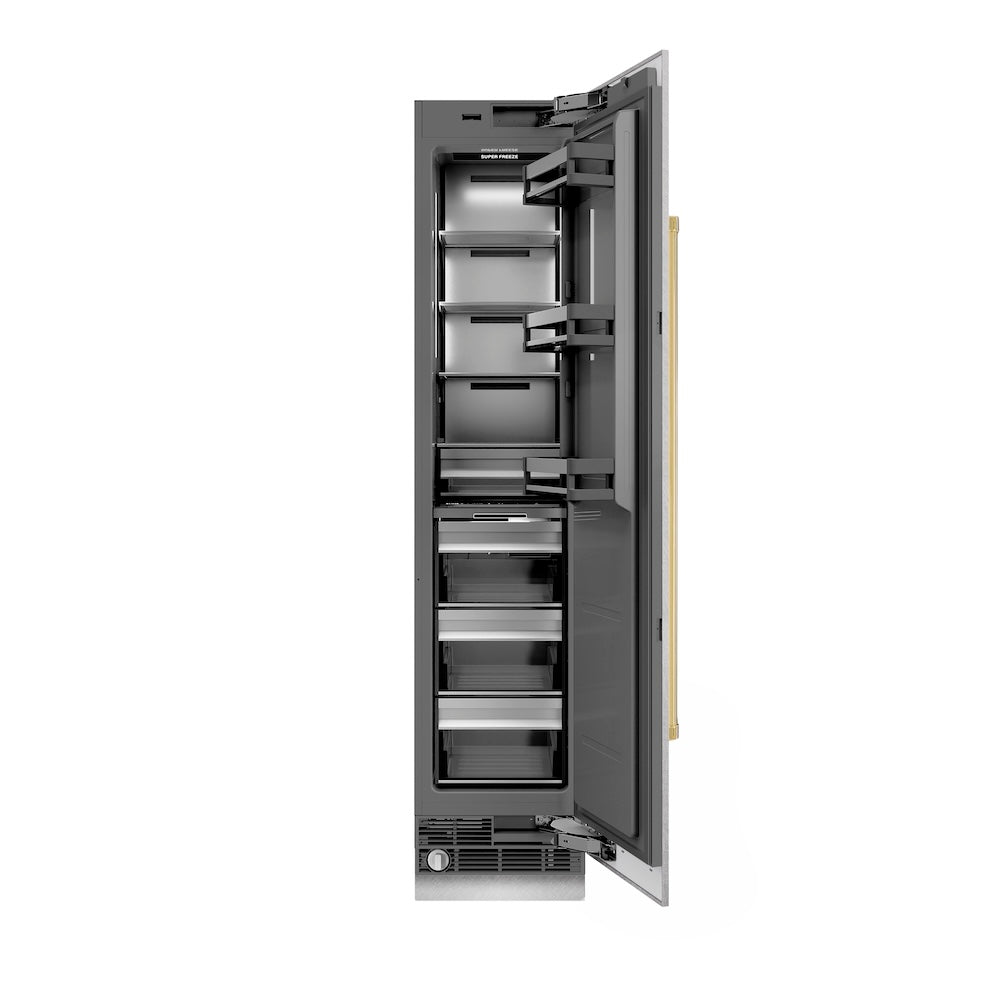 ZLINE Autograph Edition 18 in. 8.6 cu. ft. Right Hinge Column Freezer in Satin Stainless Steel with Graphite Gray Interior and Polished Gold Accents (RCFVRZ-SN-18-G) main image.