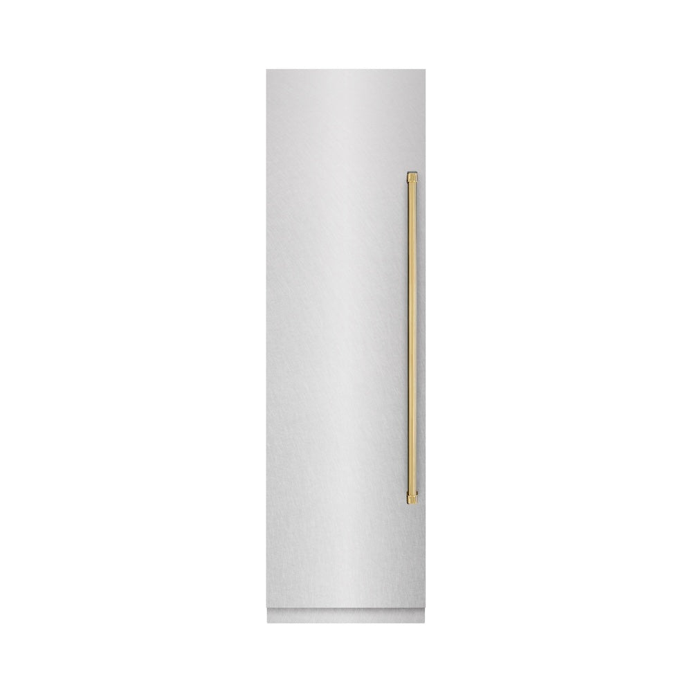 ZLINE Autograph Edition 24 in. 12.4 cu. ft. Column Freezer in Satin Stainless Steel with Graphite Gray Interior and Polished Gold Accents (RCFVZ-SN-24-G) front, closed.