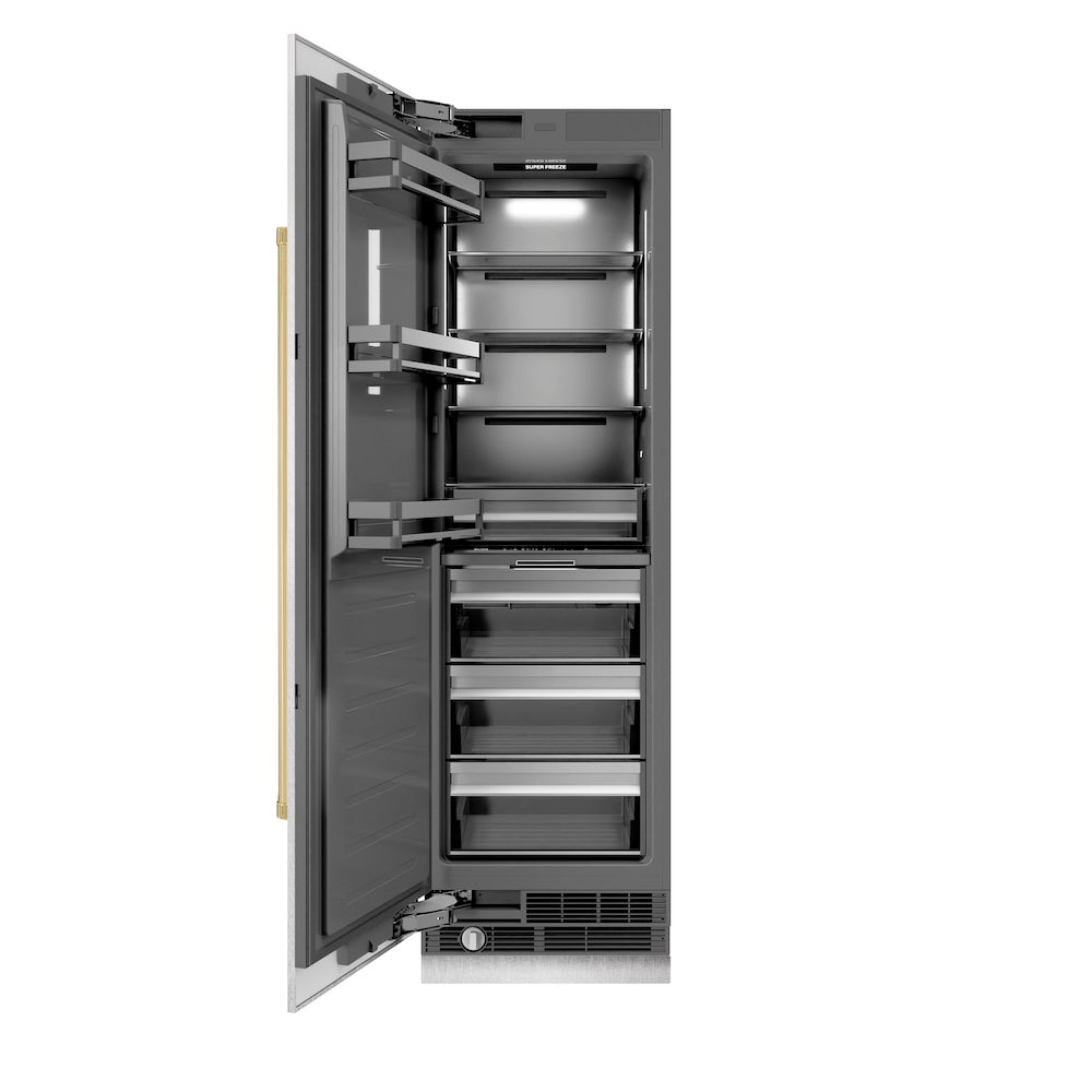 ZLINE Autograph Edition 24 in. 12.4 cu. ft. Column Freezer in Satin Stainless Steel with Graphite Gray Interior and Polished Gold Accents (RCFVZ-SN-24-G) main image.