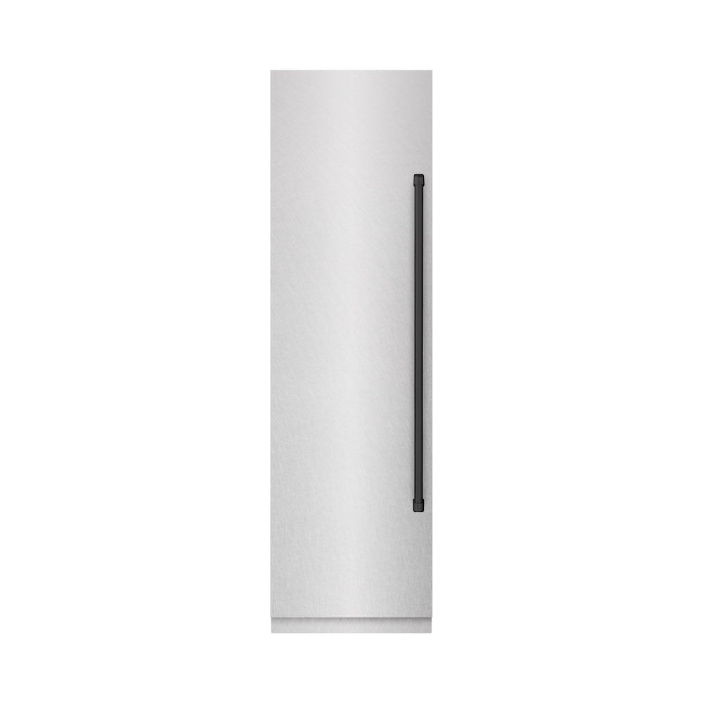 ZLINE Autograph Edition 24 in. 12.4 cu. ft. Column Freezer in Satin Stainless Steel with Graphite Gray Interior and Matte Black Accents (RCFVZ-SN-24-MB) front, closed.