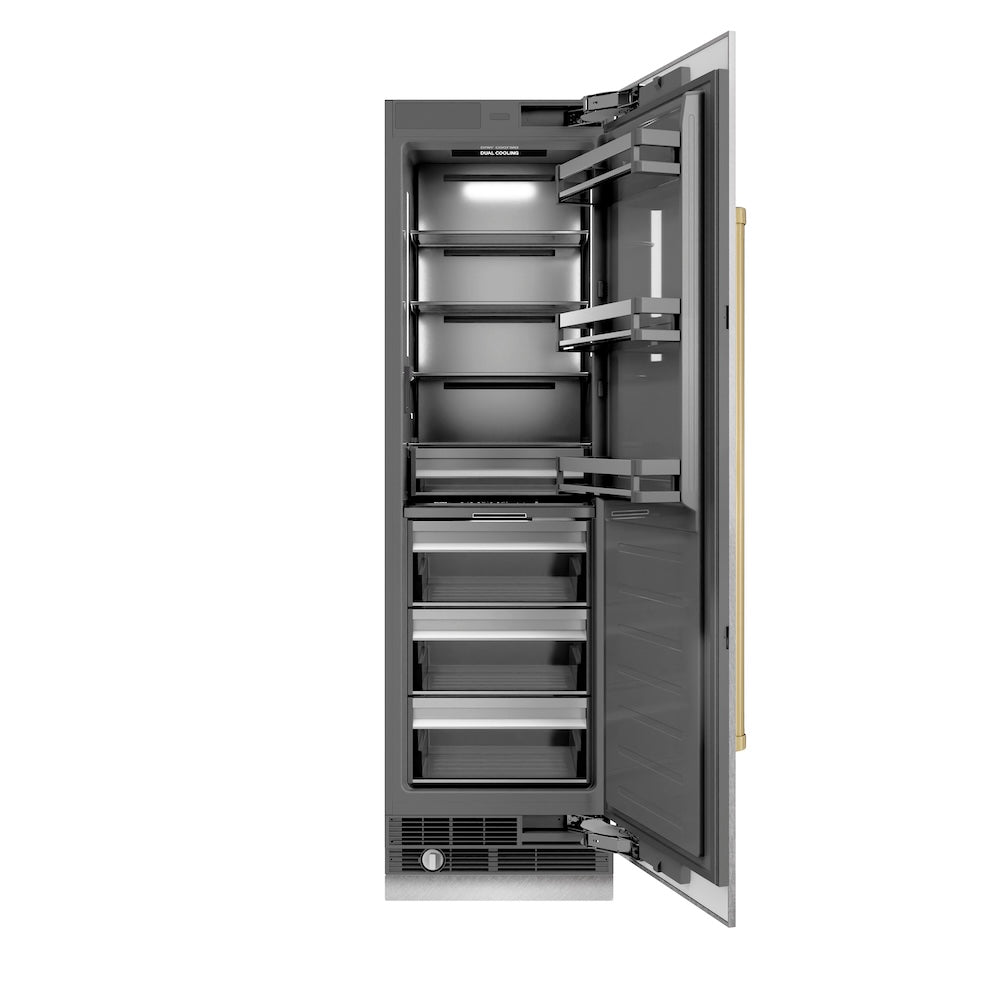 ZLINE Autograph Edition 24 in. 12.5 cu. ft. Column Refrigerator in Satin Stainless Steel with Graphite Gray Interior and Champagne Bronze Accents (RCRVZ-SN-24-CB) main image.
