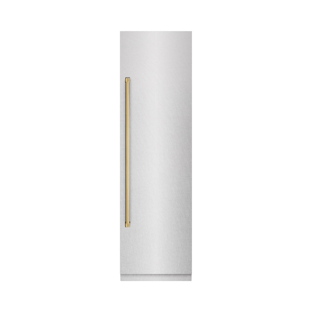 ZLINE Autograph Edition 24 in. 12.5 cu. ft. Column Refrigerator in Satin Stainless Steel with Graphite Gray Interior and Polished Gold Accents (RCRVZ-SN-24-G) front, closed.