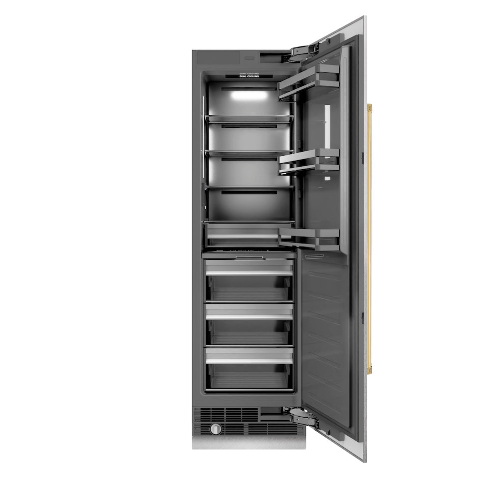 ZLINE Autograph Edition 24 in. 12.5 cu. ft. Column Refrigerator in Satin Stainless Steel with Graphite Gray Interior and Polished Gold Accents (RCRVZ-SN-24-G) main image.