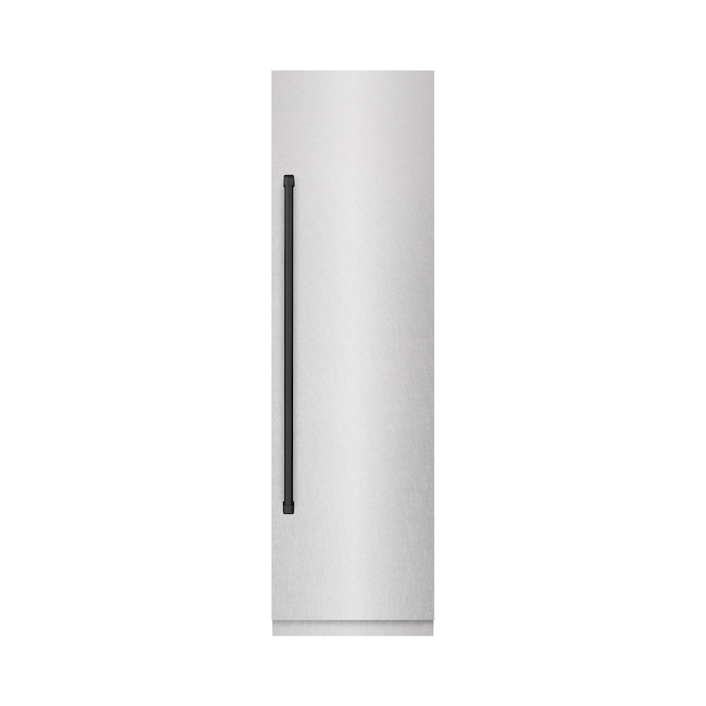 ZLINE Autograph Edition 24 in. 12.5 cu. ft. Column Refrigerator in Satin Stainless Steel with Graphite Gray Interior and Matte Black Accents (RCRVZ-SN-24-MB) front, closed.