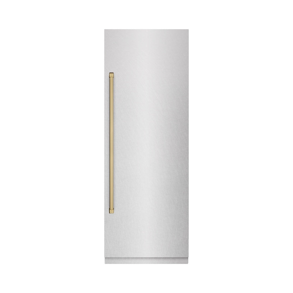ZLINE Autograph Edition 30 in. 16.7 cu. ft. Column Refrigerator in Satin Stainless Steel with Graphite Gray Interior and Champagne Bronze Accents (RCRVZ-SN-30-CB) front, closed.
