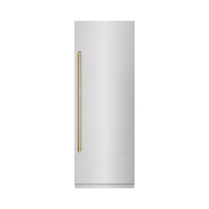 ZLINE Autograph Edition 30 in. 16.7 cu. ft. Column Refrigerator in Satin Stainless Steel with Graphite Gray Interior and Champagne Bronze Accents (RCRVZ-SN-30-CB) front, closed.