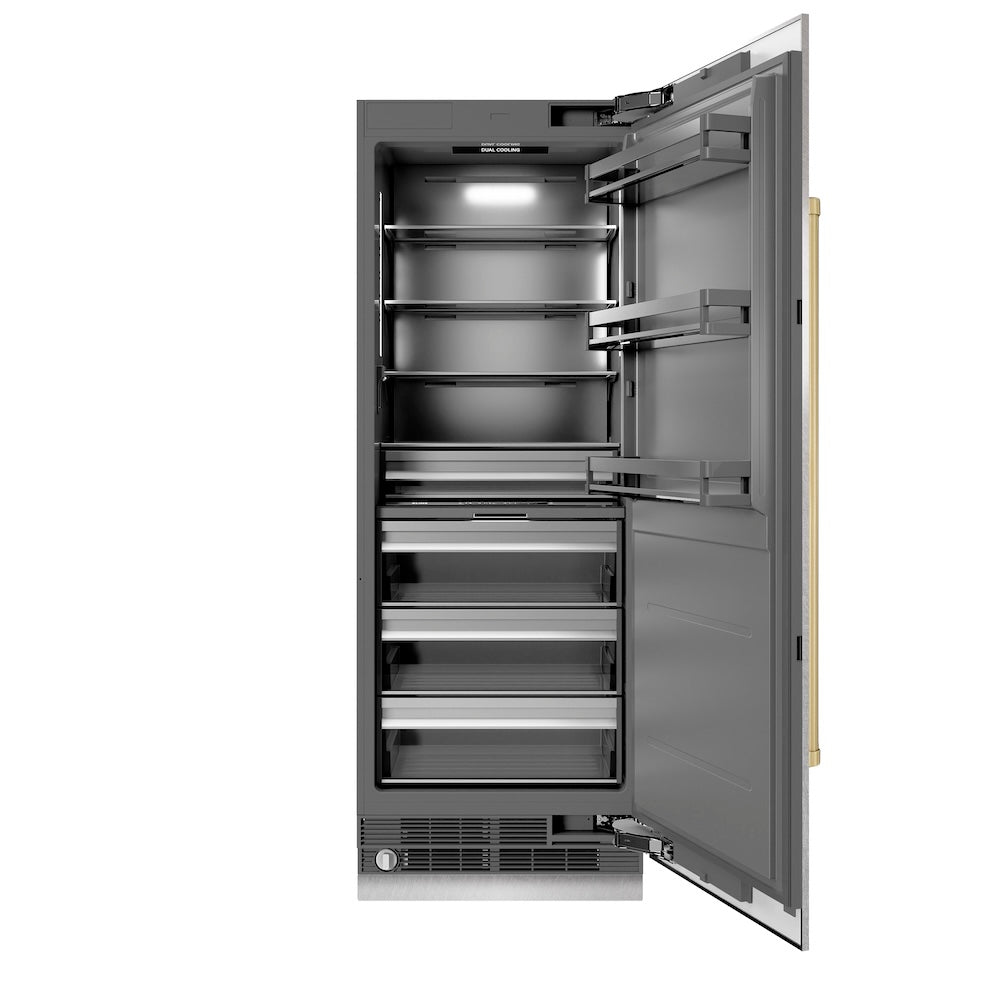 ZLINE Autograph Edition 30 in. 16.7 cu. ft. Column Refrigerator in Satin Stainless Steel with Graphite Gray Interior and Champagne Bronze Accents (RCRVZ-SN-30-CB) main image.
