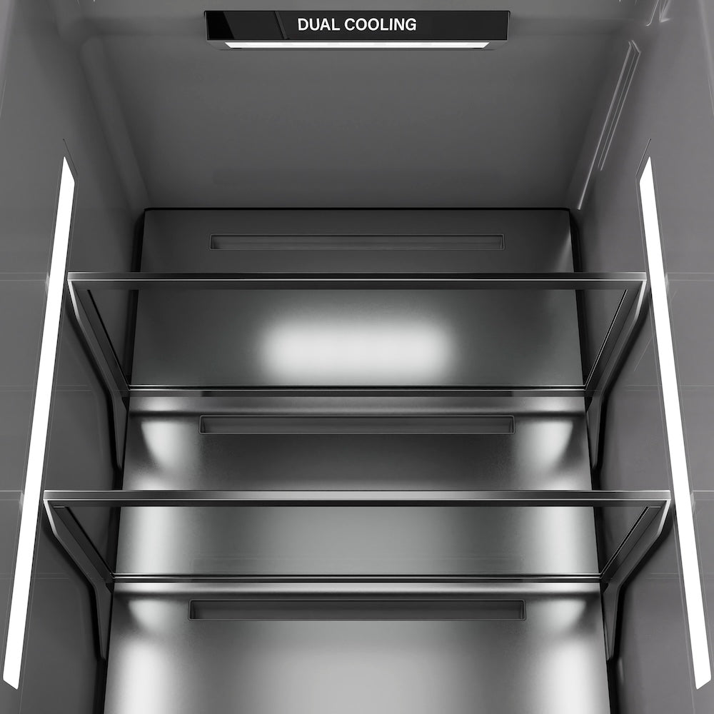 ZLINE Autograph Edition 30 in. 16.7 cu. ft. Column Refrigerator in Satin Stainless Steel with Graphite Gray Interior and Polished Gold Accents (RCRVZ-SN-30-G) interior illumination.