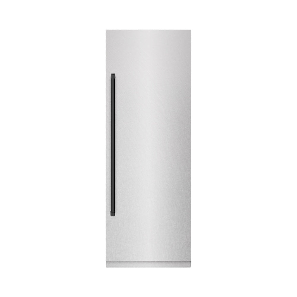 ZLINE Autograph Edition 30 in. 16.7 cu. ft. Column Refrigerator in Satin Stainless Steel with Graphite Gray Interior and Matte Black Accents (RCRVZ-SN-30-MB) front, closed.
