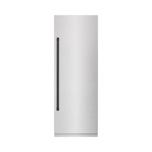ZLINE Autograph Edition 30 in. 16.7 cu. ft. Column Refrigerator in Satin Stainless Steel with Graphite Gray Interior and Matte Black Accents (RCRVZ-SN-30-MB) front, closed.