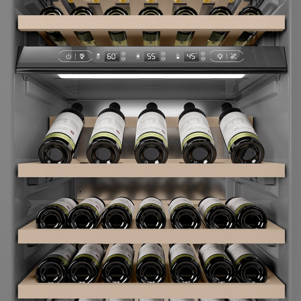 ZLINE 24 in. 12.4 cu. ft. Triple Zone 100 Bottle Column Wine Cooler in Satin Stainless Steel (RCWV-SN-24) internal storage racks and controls.
