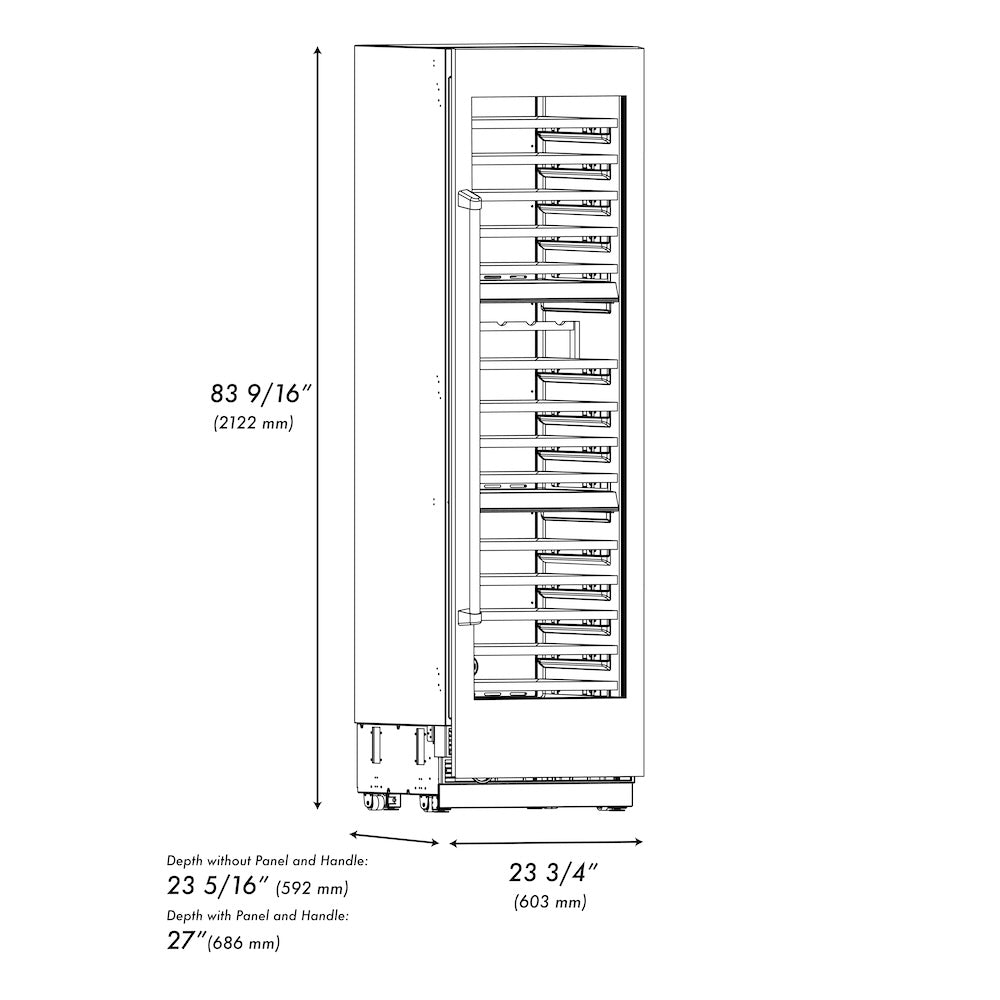 ZLINE 24 in. 12.4 cu. ft. Triple Zone 100 Bottle Column Wine Cooler in Satin Stainless Steel (RCWV-SN-24) dimensional diagram.