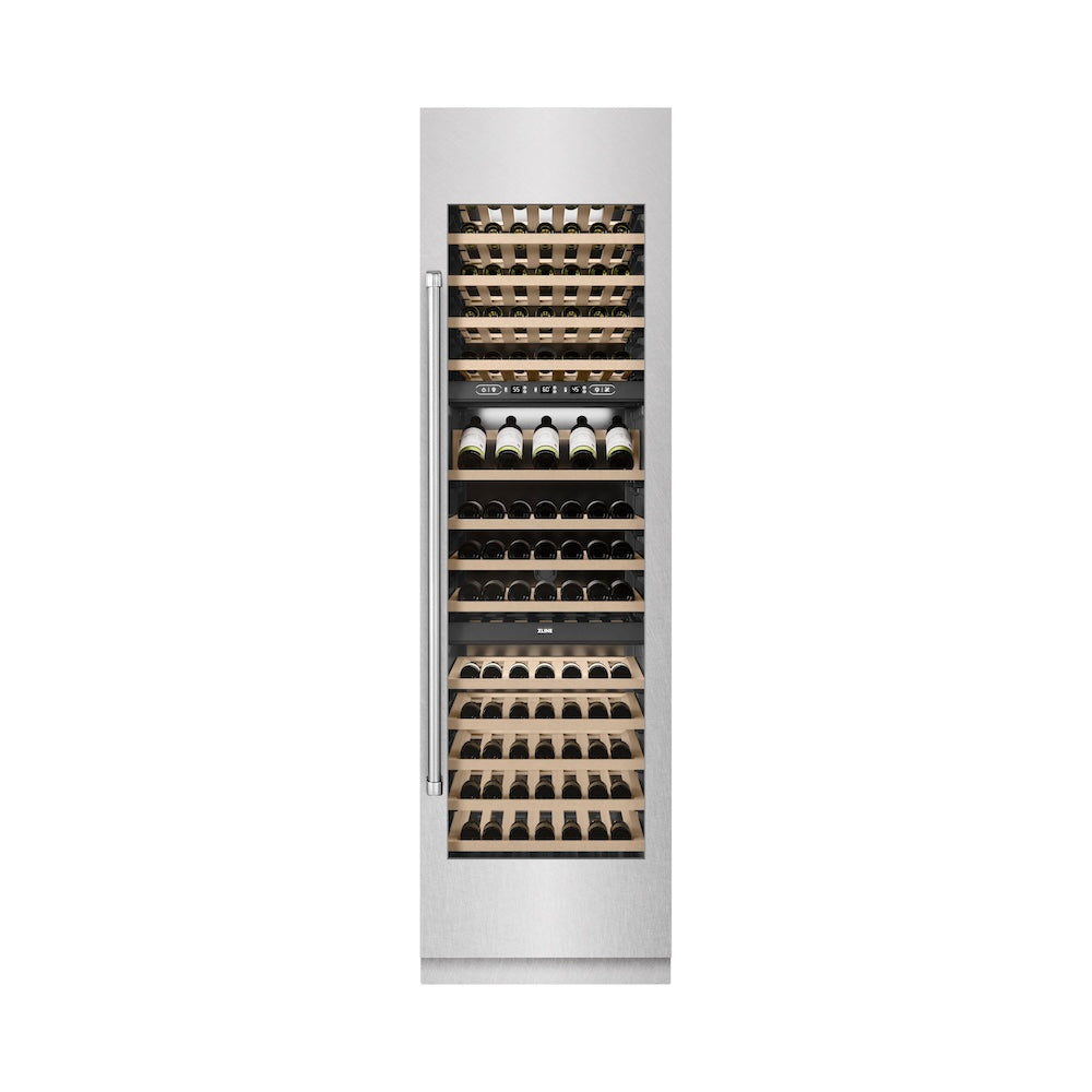 ZLINE 24 in. 12.4 cu. ft. Triple Zone 100 Bottle Column Wine Cooler in Satin Stainless Steel (RCWV-SN-24) front, closed.