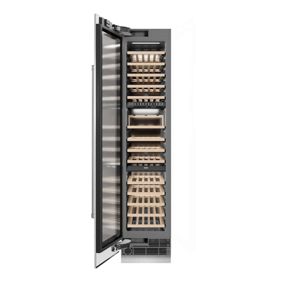 ZLINE 18 in. 9.0 cu. ft. Triple Zone 68 Bottle Left Hinge Column Wine Cooler in Satin Stainless Steel (RCWVL-SN-18) front, open.