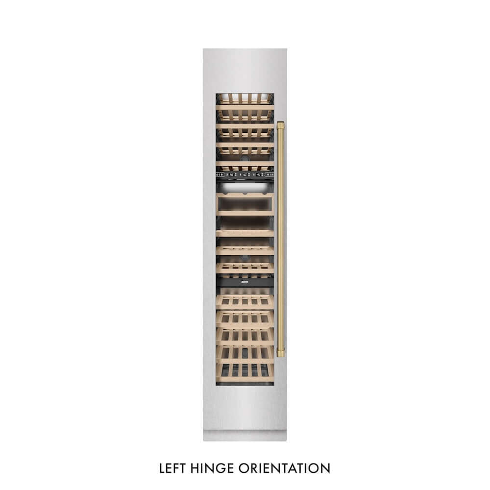 ZLINE Autograph Edition 18 in. 9.0 cu. ft. Triple Zone 68 Bottle Left Hinge Column Wine Cooler in Satin Stainless Steel with Champagne Bronze Accents (RCWVLZ-SN-18-CB)