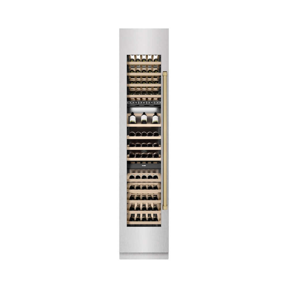 ZLINE Autograph Edition 18 in. 9.0 cu. ft. Triple Zone 68 Bottle Left Hinge Column Wine Cooler in Satin Stainless Steel with Champagne Bronze Accents (RCWVLZ-SN-18-CB) front, closed.