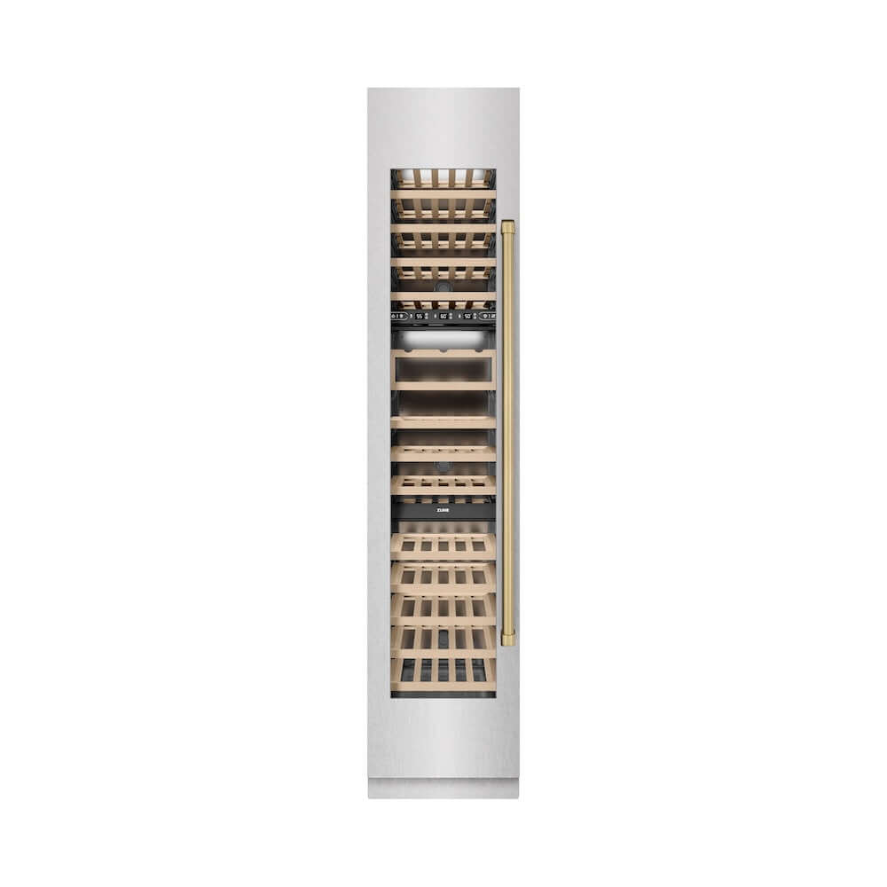 ZLINE Autograph Edition 18 in. 9.0 cu. ft. Triple Zone 68 Bottle Left Hinge Column Wine Cooler in Satin Stainless Steel with Champagne Bronze Accents (RCWVLZ-SN-18-CB) front, closed.