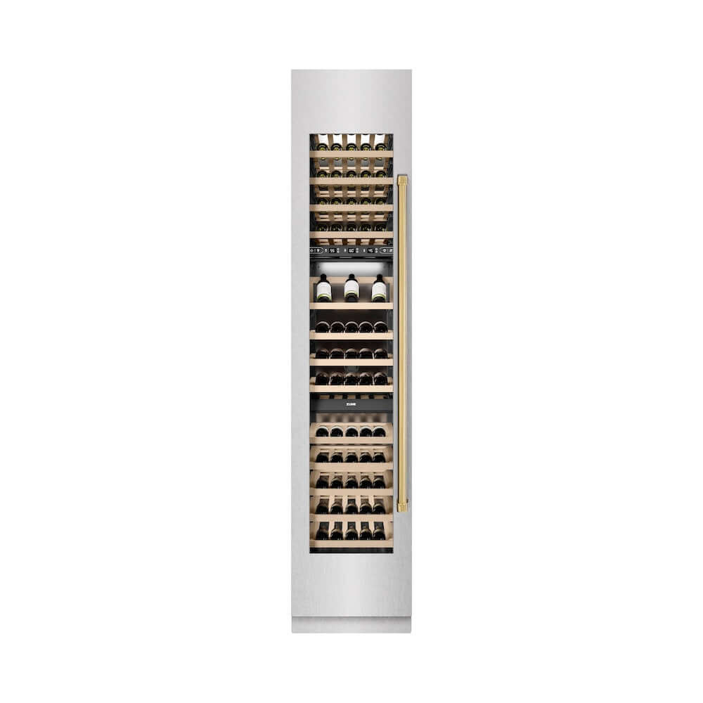 ZLINE Autograph Edition 18 in. 9.0 cu. ft. Triple Zone 68 Bottle Left Hinge Column Wine Cooler in Satin Stainless Steel with Polished Gold Accents (RCWVLZ-SN-18-G) front, closed.