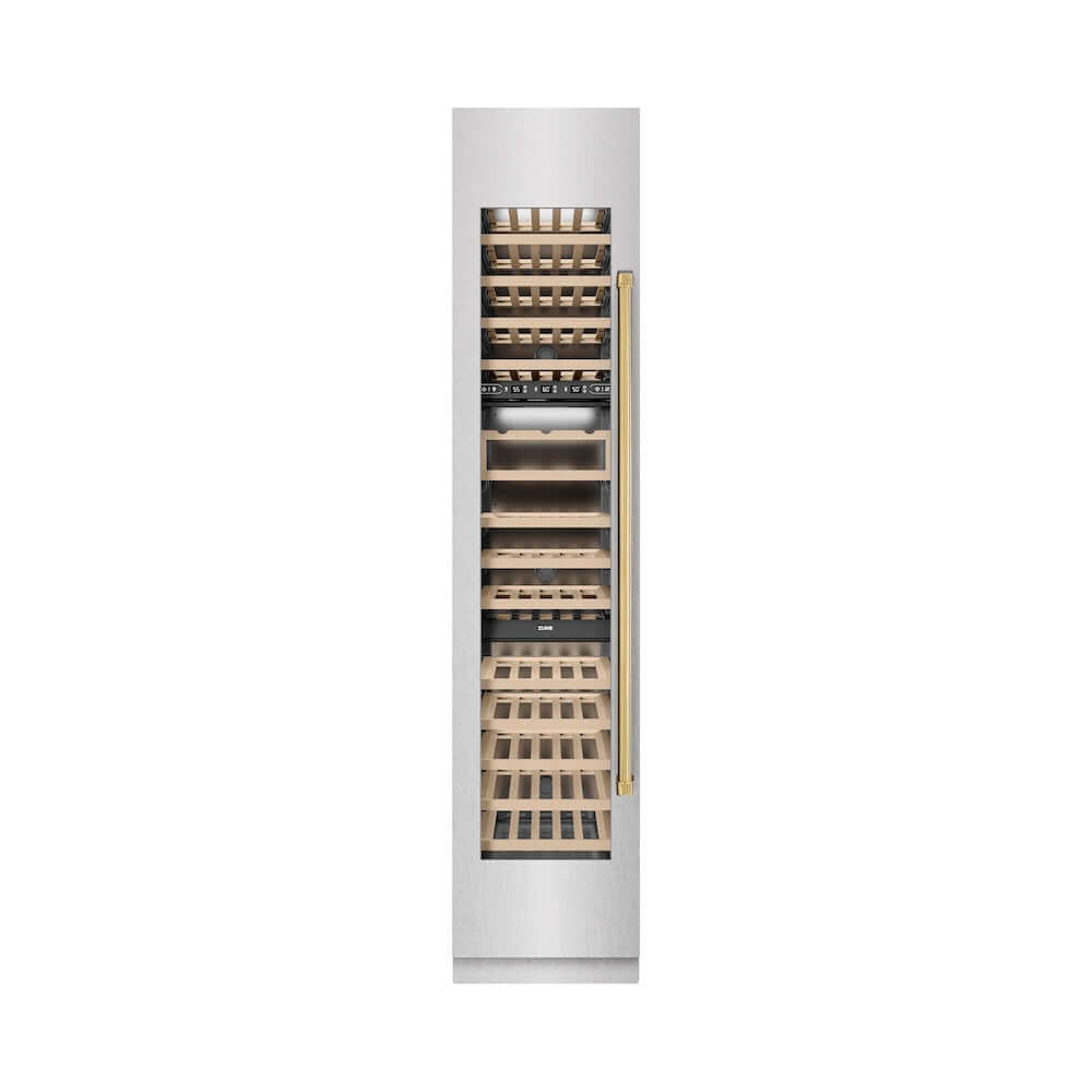 ZLINE Autograph Edition 18 in. 9.0 cu. ft. Triple Zone 68 Bottle Left Hinge Column Wine Cooler in Satin Stainless Steel with Polished Gold Accents (RCWVLZ-SN-18-G) front, closed.