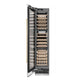 ZLINE Autograph Edition 18 in. 9.0 cu. ft. Triple Zone 68 Bottle Left Hinge Column Wine Cooler in Satin Stainless Steel with Polished Gold Accents (RCWVLZ-SN-18-G) front, open.