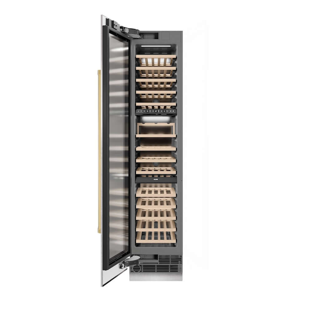ZLINE Autograph Edition 18 in. 9.0 cu. ft. Triple Zone 68 Bottle Left Hinge Column Wine Cooler in Satin Stainless Steel with Polished Gold Accents (RCWVLZ-SN-18-G) front, open.