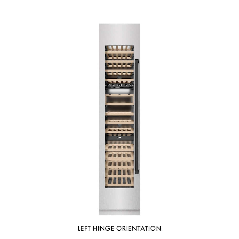 ZLINE Autograph Edition 18 in. 9.0 cu. ft. Triple Zone 68 Bottle Left Hinge Column Wine Cooler in Satin Stainless Steel with Matte Black Accents (RCWVLZ-SN-18-MB)