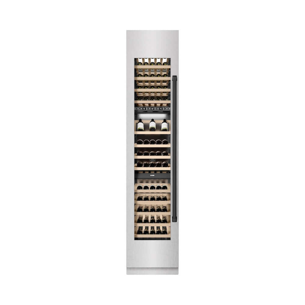 ZLINE Autograph Edition 18 in. 9.0 cu. ft. Triple Zone 68 Bottle Left Hinge Column Wine Cooler in Satin Stainless Steel with Matte Black Accents (RCWVLZ-SN-18-MB) front, closed.