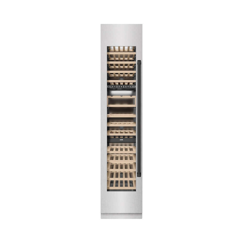 ZLINE Autograph Edition 18 in. 9.0 cu. ft. Triple Zone 68 Bottle Left Hinge Column Wine Cooler in Satin Stainless Steel with Matte Black Accents (RCWVLZ-SN-18-MB) front, closed.