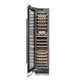 ZLINE Autograph Edition 18 in. 9.0 cu. ft. Triple Zone 68 Bottle Left Hinge Column Wine Cooler in Satin Stainless Steel with Matte Black Accents (RCWVLZ-SN-18-MB) front, open.