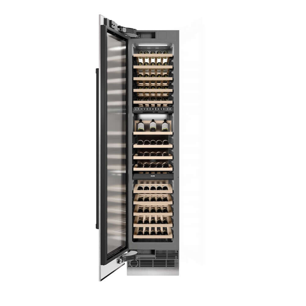 ZLINE Autograph Edition 18 in. 9.0 cu. ft. Triple Zone 68 Bottle Left Hinge Column Wine Cooler in Satin Stainless Steel with Matte Black Accents (RCWVLZ-SN-18-MB) front, open.