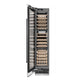 ZLINE Autograph Edition 18 in. 9.0 cu. ft. Triple Zone 68 Bottle Left Hinge Column Wine Cooler in Satin Stainless Steel with Matte Black Accents (RCWVLZ-SN-18-MB) front, open.