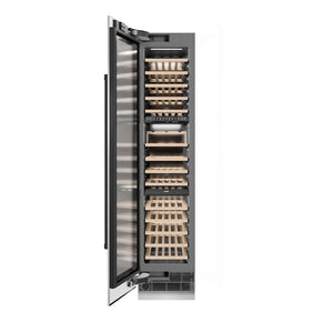 ZLINE Autograph Edition 18 in. 9.0 cu. ft. Triple Zone 68 Bottle Left Hinge Column Wine Cooler in Satin Stainless Steel with Matte Black Accents (RCWVLZ-SN-18-MB) front, open.