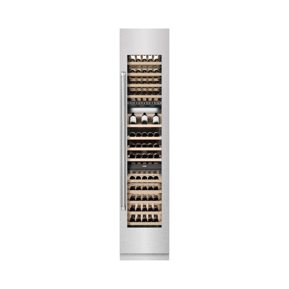 ZLINE 18 in. 9.0 cu. ft. Triple Zone 68 Bottle Right Hinge Column Wine Cooler in Satin Stainless Steel (RCWVR-SN-18) front, closed.