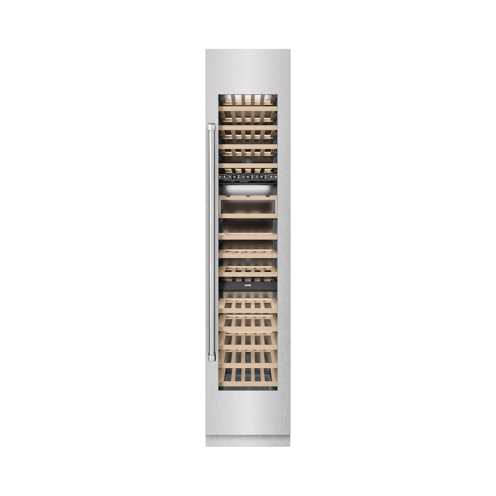 ZLINE 18 in. 9.0 cu. ft. Triple Zone 68 Bottle Right Hinge Column Wine Cooler in Satin Stainless Steel (RCWVR-SN-18) front, closed.