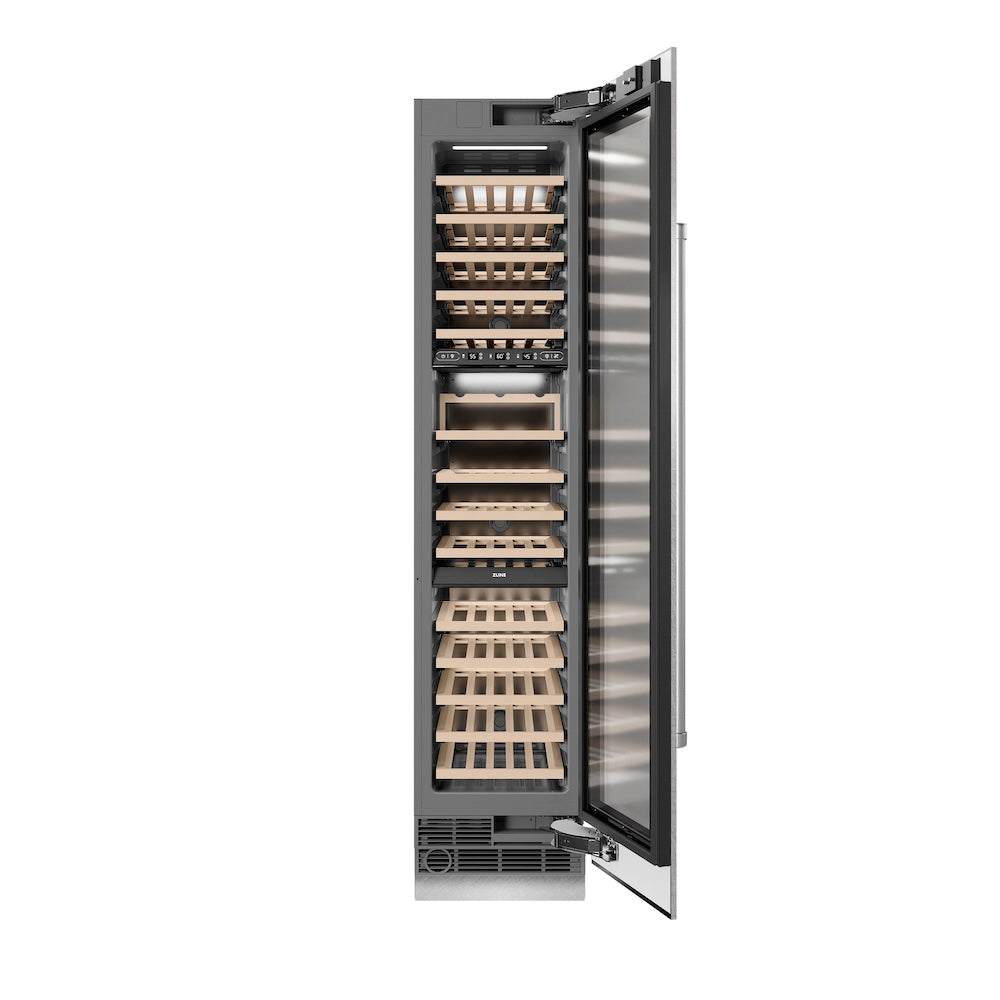 ZLINE 18 in. 9.0 cu. ft. Triple Zone 68 Bottle Right Hinge Column Wine Cooler in Satin Stainless Steel (RCWVR-SN-18) front, open.