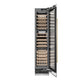 ZLINE Autograph Edition 18 in. 9.0 cu. ft. Triple Zone 68 Bottle Right Hinge Column Wine Cooler in Satin Stainless Steel with Champagne Bronze Accents (RCWVRZ-SN-18-CB) front, open.