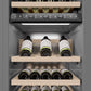 ZLINE Autograph Edition 18 in. 9.0 cu. ft. Triple Zone 68 Bottle Right Hinge Column Wine Cooler in Satin Stainless Steel with Polished Gold Accents (RCWVRZ-SN-18-G) internal storage racks and controls.