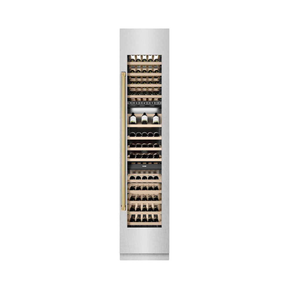 ZLINE Autograph Edition 18 in. 9.0 cu. ft. Triple Zone 68 Bottle Right Hinge Column Wine Cooler in Satin Stainless Steel with Polished Gold Accents (RCWVRZ-SN-18-G) front, closed.