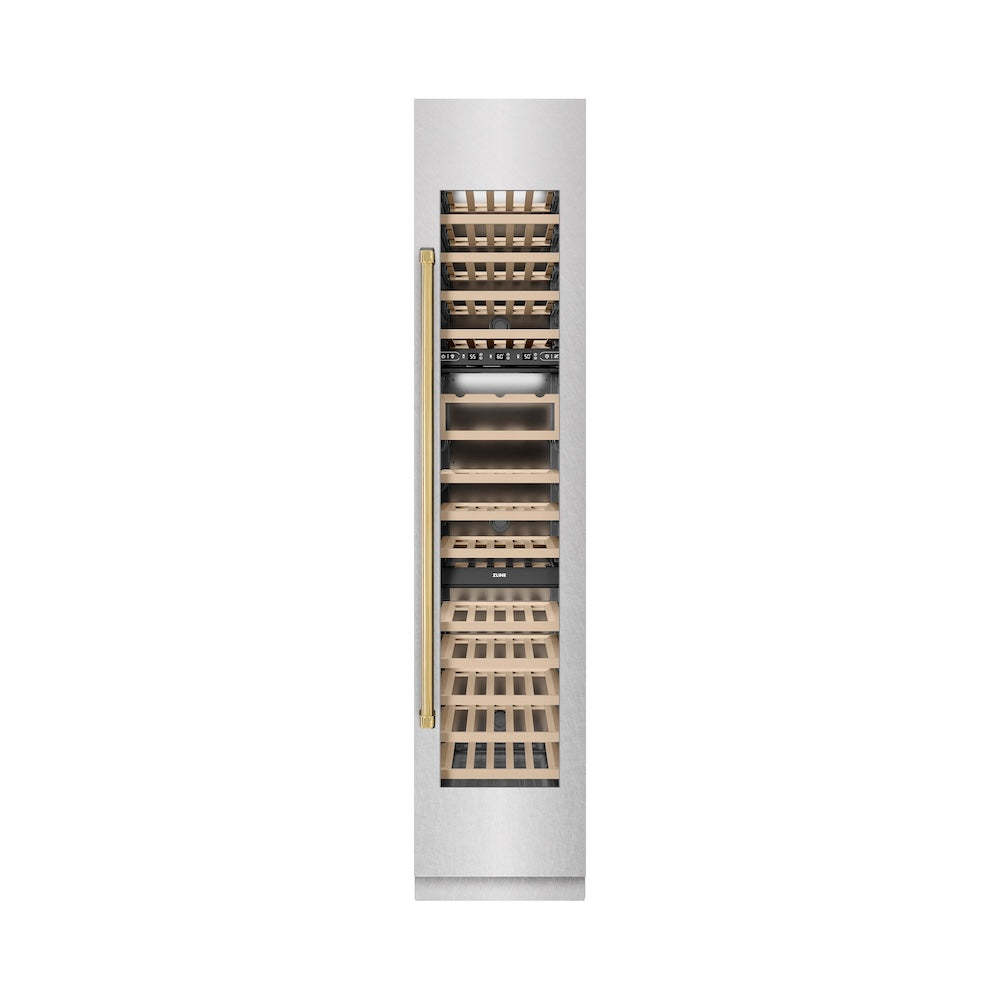 ZLINE Autograph Edition 18 in. 9.0 cu. ft. Triple Zone 68 Bottle Right Hinge Column Wine Cooler in Satin Stainless Steel with Polished Gold Accents (RCWVRZ-SN-18-G) front, closed.