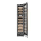 ZLINE Autograph Edition 18 in. 9.0 cu. ft. Triple Zone 68 Bottle Right Hinge Column Wine Cooler in Satin Stainless Steel with Polished Gold Accents (RCWVRZ-SN-18-G) front, open.