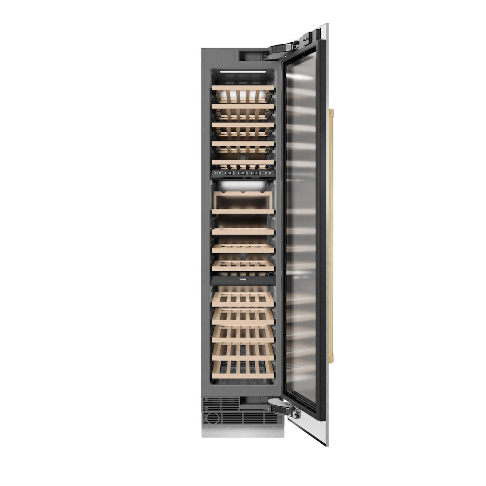 ZLINE Autograph Edition 18 in. 9.0 cu. ft. Triple Zone 68 Bottle Right Hinge Column Wine Cooler in Satin Stainless Steel with Polished Gold Accents (RCWVRZ-SN-18-G) front, open.