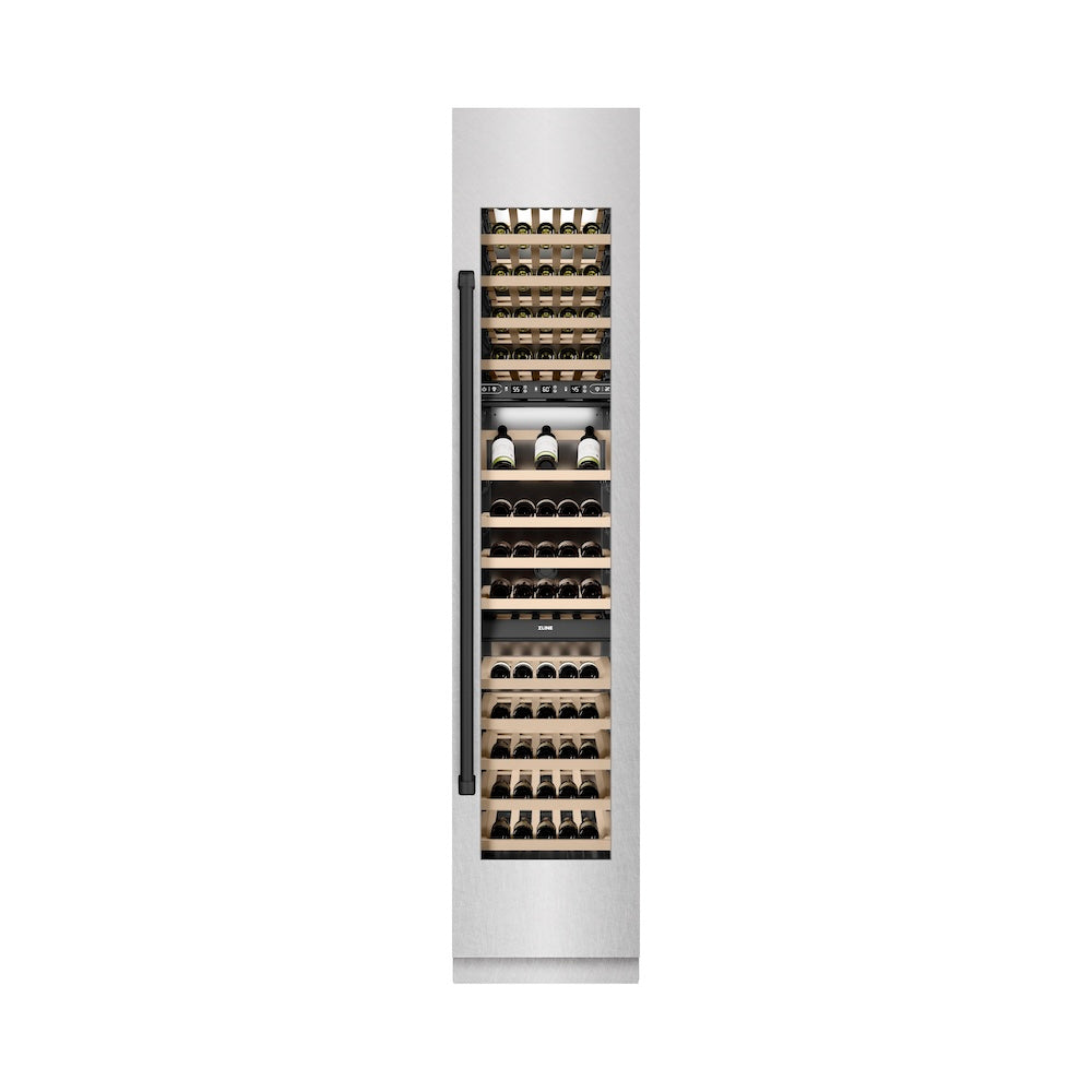 ZLINE Autograph Edition 18 in. 9.0 cu. ft. Triple Zone 68 Bottle Right Hinge Column Wine Cooler in Satin Stainless Steel with Matte Black Accents (RCWVRZ-SN-18-MB) front, closed.