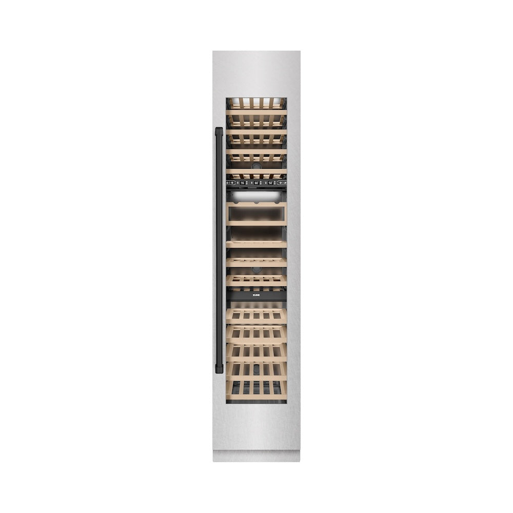 ZLINE Autograph Edition 18 in. 9.0 cu. ft. Triple Zone 68 Bottle Right Hinge Column Wine Cooler in Satin Stainless Steel with Matte Black Accents (RCWVRZ-SN-18-MB) front, closed.