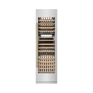 ZLINE Autograph Edition 24 in. 12.4 cu. ft. Triple Zone 100 Bottle Column Wine Cooler in Satin Stainless Steel and Champagne Bronze Accents (RCWVZ-SN-24-CB) main image.
