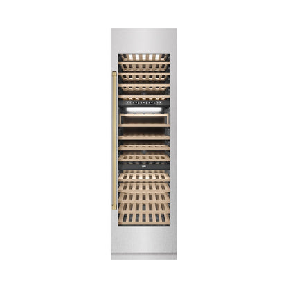 ZLINE Autograph Edition 24 in. 12.4 cu. ft. Triple Zone 100 Bottle Column Wine Cooler in Satin Stainless Steel and Champagne Bronze Accents (RCWVZ-SN-24-CB)